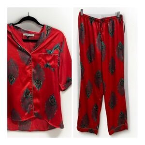 Their Nibs Anthropologie Red Peacock Feather Satin Pajama Set Medium Boho Luxe